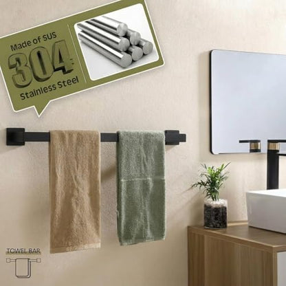 5-Piece Bathroom Hardware Set, 23.6 in Towel Bar, Matte Black | SUS304 stainless steel, 55 mm square bases, concealed screw mount, towel ring, toilet paper holder, 2 robe hooks - color: Matte Black