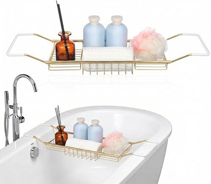 Cabilock Luxury Stainless Steel Bathtub Caddy Tray - 24.8in Expandable Modern Bath Rack for Tub with Wine Glass & Book Holder - Rustproof Shower Organizer & Tablet Stand for Home Spa, Gold - color: Golden