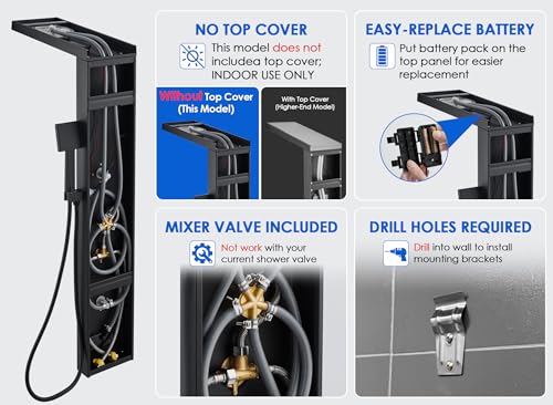 ROVOGO Shower Panel Tower System W/Led Lights, 5 Shower Modes, Matte Black | Rainfall Mist Shower Head, 3 Body Jets, Handheld and Tub Spout, Stainless Steel Shower Column With Mixing Valve, 46.5 Inch - style: Black- With Led Lights