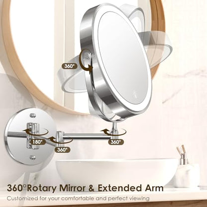 MNIENT Wall Mounted Lighted Makeup Mirror, 1x/10x Rechargeable Magnifying | 3 Colors, Adjustable Brightness Mirror, Double-Sided, 360° Rotation Foldable Led Vanity Mirror with Lights