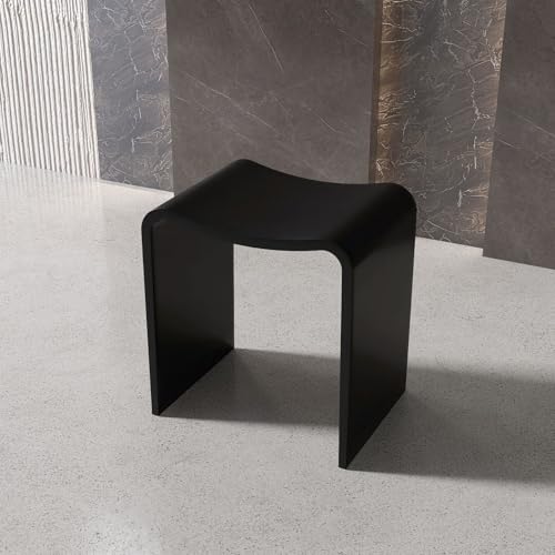 Black Shower Stool 16.7' H, Solid Surface Modern Bathroom Benches， | Heavy Duaty Stone Resin Bath Seat, 400 lbs Capacity Fancy Insider Shower Chairs for Shaving Legs - color: Black Curved