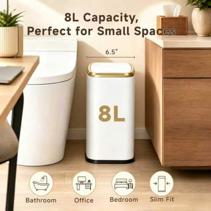2.1 Gal Slim Bathroom Trash Can with Swing Lid, Rustproof Stainless Steel Small Garbage Can for Narrow Spaces & Toilet Side, Dog Proof Odor Control Waste Basket for Bedroom/Office, White - color: White