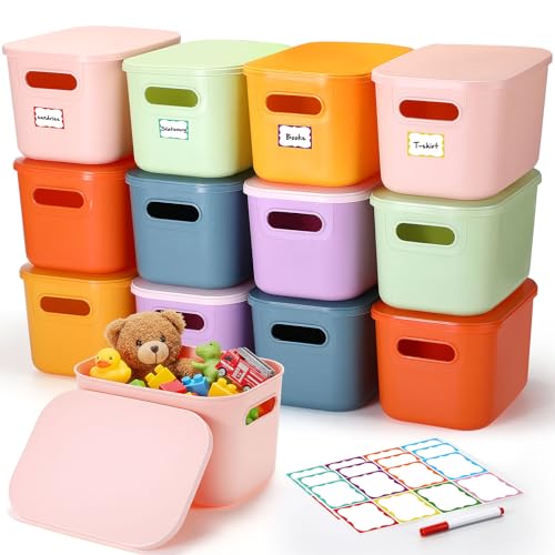 Thyle 12 Pack Pastel Colorful Plastic Storage Bins with Lids 7 Quart Toy Storage Box Stackable Nestable Organizer Boxes with Handle and Labels for Classroom Shelf Bedroom Desktop Toys School Supplies - color: Macaron Color