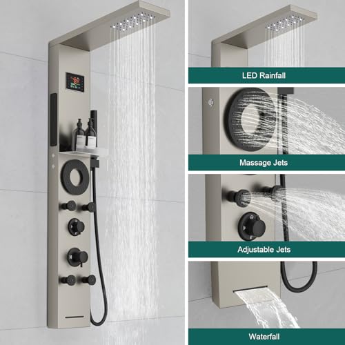 Hoimpro Brushed Nickel LED Shower Panel Tower System,2 In 1Function Shower Panel Light Rainfall Waterfall Shower Rain Massage System with Body Jets Handheld Shower Sprayer, Stainless Steel, Wall Mount - color: Nickel