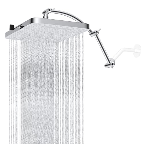Hibbent Rain Shower Head, 13'' High Pressure Rainfall Square 5 Spray Mode Showerhead with 16" Shower Head Extension Arm, Solid Brass Adjustable Shower Arm Extender, Waterfall fixed Showerheads, Silver - color: Silver, style: Square 13'' with Arm