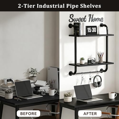 3 Tier Wall Shelves Over Toilet Rustic Industrial Floating Shelf - color: Black, size: 2 tier
