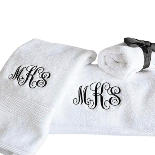 Personalized Monogrammed Bath Towel Set, 100% Cotton, Custom Embroidered Initials, Hotel Style, White Navy Grey Beige - color: White