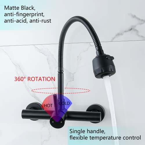 Kitchen Sink Faucet Wall Mount with Sprayer, Stainless Steel Mixer Tap, Matte Black Finish, NSF and Lead-Free Certified for Utility and Laundry Sink Faucets - color: C Style, Matt Black