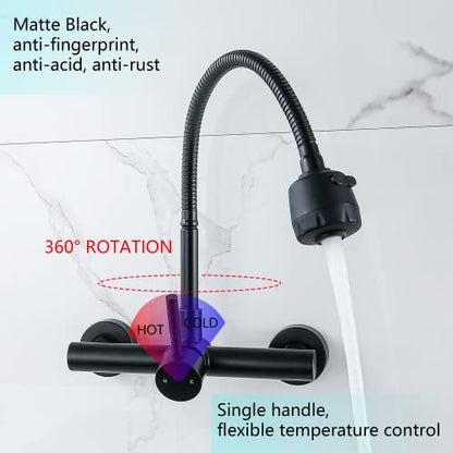 Kitchen Sink Faucet Wall Mount with Sprayer, Stainless Steel Mixer Tap, Matte Black Finish, NSF and Lead-Free Certified for Utility and Laundry Sink Faucets - color: C Style, Matt Black