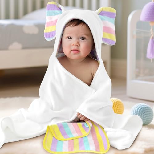 VOOVA & MOVAS White Baby Hooded Towel, Organic 100% Cotton,33"X31.5" - color: White Elephant, size: 33 x 31.5 inches