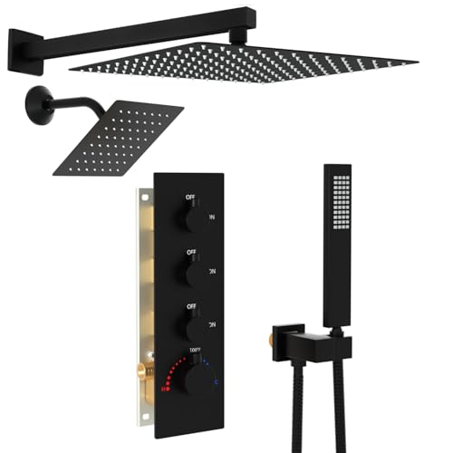 Enga Thermostatic Dual Shower System, 12"+6" Wall Mount Dual Rain Shower Faucet, All Functions Use Together & Volume Adjustable, Matte Black - color: Matte Black, style: ‎12"+6" Head