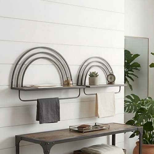 Oakrain Black Wall Shelf with Arched Metal Frame, Set of 2, 13"&16" | Rustic Wood Floating Shelves, Farmhouse Towel Rack for Bathroom, Entryway, Living Room, Bedroom - color: Black