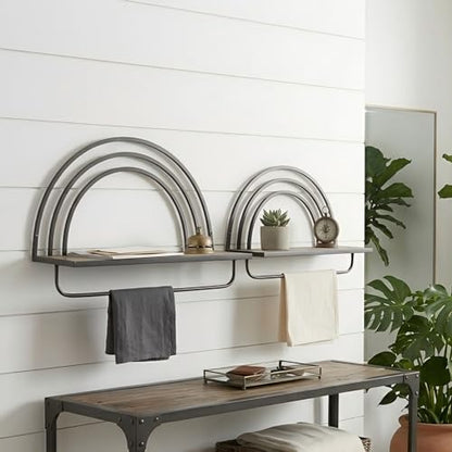 Oakrain Black Wall Shelf with Arched Metal Frame, Set of 2, 13"&16" | Rustic Wood Floating Shelves, Farmhouse Towel Rack for Bathroom, Entryway, Living Room, Bedroom - color: Black