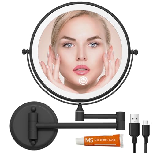 8" Lighted Wall Mounted Makeup Magnifying Mirror 10X, Matte Black | Rechargeable Brass 2-Sided Bathroom Vanity, Swivel Extension Arm 360 Rotation, 3 Color Adustable Touch Sensor Dimmable