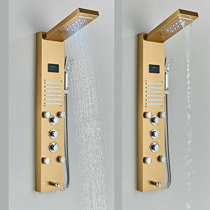 Brushed Gold LED Shower Panel Tower Massage Body Jets System Rain Waterfall Mixer Hand Shower