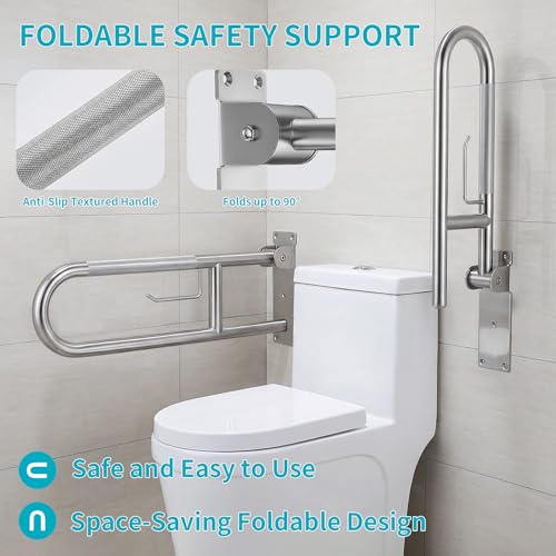 24'' Flip-Up Toliet Grab Bar with Paper Holder, Anti-Slip Knurled Grip | Stainless Steel U-shaped Wall Mounted Toilet Safety Rail, Designed for Seniors, Disabled & Post-surgery Bathroom Assistance - size: 24 Inch