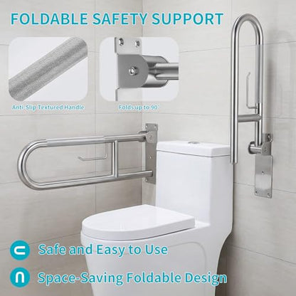 30'' Flip-Up Toliet Grab Bar with Paper Holder, Anti-Slip Knurled Grip | Stainless Steel U-shaped Wall Mounted Toilet Safety Rail, Designed for Seniors, Disabled & Post-surgery Bathroom Assistance - size: 30 Inch