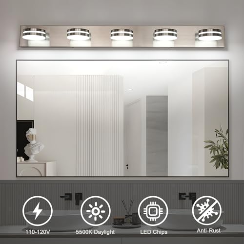 Brushed Nickel Bathroom Light Fixtures Over Mirror, 5-Light Bathroom Vanity Light, LED Dimmable Bath Lights, Modern Dimmable Vanity Lighting with Rotating Lamp Head, 5500K - color: Nickel-Dimmable