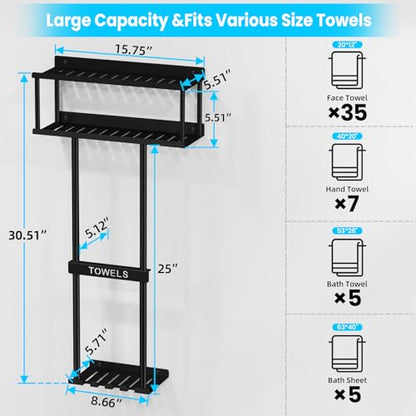 STWWO Bathroom Towel Storage Rack, 31” Towel Organizer with Storage Basket | Metal Bathroom Towel Holder with Shelf, Towel Rack with 3 Hooks for RV, Apt, Small Bathroom, Holds 5 Large Towels, Black