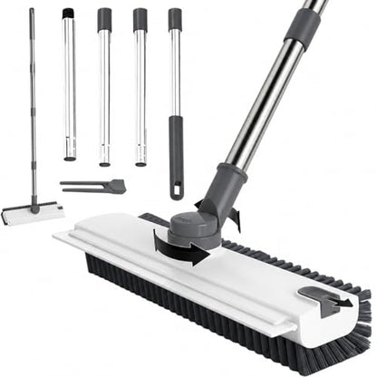 3 in 1 Floor Scrub Brush,Floor Scrubber with Squeegee and Tweezer, Push Broom with Long Handle,Heavy-Duty Stiff 90° Bristle Broom for Patio,Shower, Garage,Deck,Tile, Concrete & Wood Surface (White) - color: White