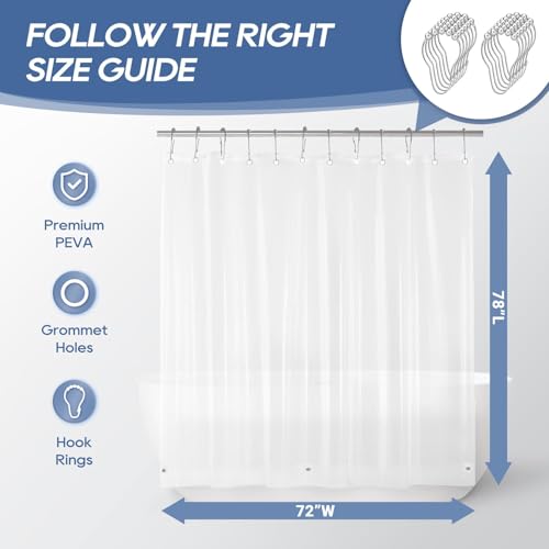 downluxe Clear Shower Curtain Liner with Hooks, Plastic Shower Liner, 72" W x 78" L Lightweight Shower Curtains for Bathroom(12 Hooks, 1PC) - color: Clear With Hooks, size: 72"W x 78"L (Pack of 1)