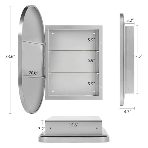DlandHome Oval Bathroom Medicine Cabinet with Mirror, 34”x20” Recessed Medicine Cabinet for Bathroom with Beveled Edge Mirror, Silver - color: Silver