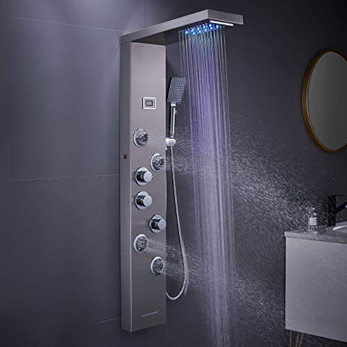 6-in-1 LED Shower Panel Tower System Stainless Steel Brushed Nickel | Rainfall + waterfall head | Massage jets | Handheld shower | Tub spout | LED display | Wall mount - color: Brushed Nickel