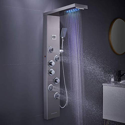 6-in-1 LED Shower Panel Tower System Stainless Steel Brushed Nickel | Rainfall + waterfall head | Massage jets | Handheld shower | Tub spout | LED display | Wall mount - color: Brushed Nickel