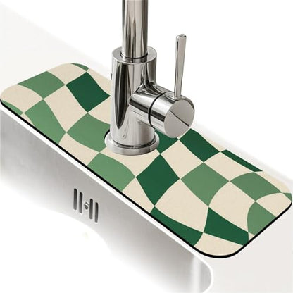 Kitchen Sink Splash Guard，Green-and cream checkered Faucet Mat Sink Gadgets-Super Absorbent Fast Drying Mat Drip Catcher for Kitchen, Bathroom,Sink Mat, Dish Drying Mat, Bathroom(15" X 5.5" ) - color: Green-and cream checkered