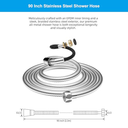 Hibbent All Metal Shower Hose 90 inch (7.5 ft) Bathroom Handheld Shower Head Hose 2.3 meters Extension Replacement Part with Brass Fittings Made of Stainless Steel -Polished Chrome Finish - color: Chrome, size: 90 Inch