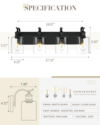4-Light Black Bathroom Light Fixture Over Mirror, Modern Vanity Light, Clear Glass Wall Sconce, VL01BK-4 - color: Black & Clear Glass, size: 4 LIGHT