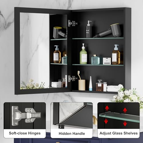 24x30 Inch Medicine Cabinet with Beveled Mirror, Aluminum Medicine Cabinet | Double Side Mirror Door, Adjustable Glass Shelves, Surface or Recessed Mount Bathroom Mirrors with Storage, Black - size: 24 in. x 30 in.