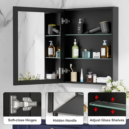 24x30 Inch Medicine Cabinet with Beveled Mirror, Aluminum Medicine Cabinet | Double Side Mirror Door, Adjustable Glass Shelves, Surface or Recessed Mount Bathroom Mirrors with Storage, Black - size: 24 in. x 30 in.