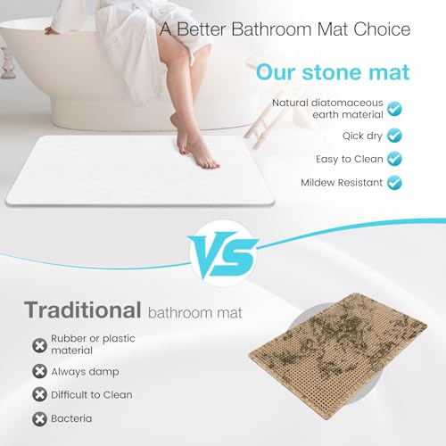 Large Diatomite Stone Bath Mat, 30" x 17" White | Premium Non-slip Natural Diatomaceous Earth Bathtub Fast Drying Mats for Bathroom Floor