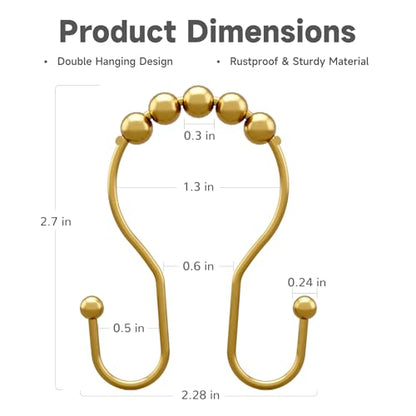 Bathway Shower Curtain Hooks, Shower Curtain Rings Rust Proof Double Hook Shower Curtain Hooks, 12 Pcs Dark Gold Shower Hooks for Shower Curtain, Shower Rings for Curtain, Metal Shower Rod Hooks - color: Dark Gold