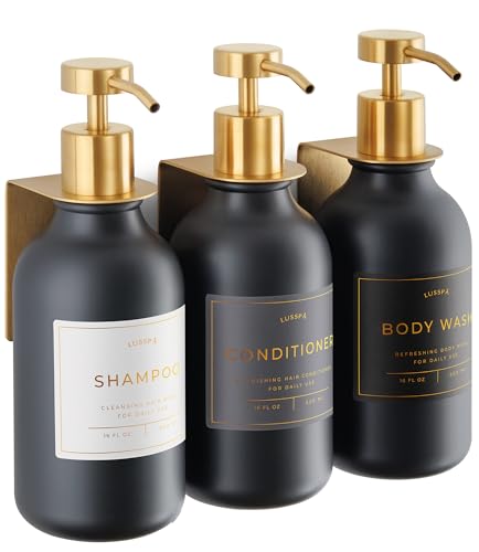 Shower Shampoo Dispenser Wall Mounted – 3 Refillable 16.9 oz Black Bottles with Stainless Steel Pumps & No-Drill Adhesive Holders – Soap Dispenser Set for Bathroom (3 X Black/Gold) - color: 3 X Black/Gold