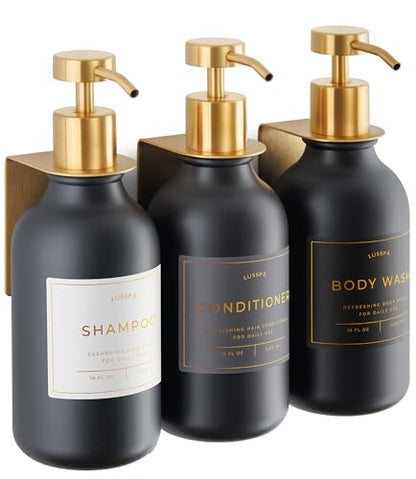 Shower Shampoo Dispenser Wall Mounted – 3 Refillable 16.9 oz Black Bottles with Stainless Steel Pumps & No-Drill Adhesive Holders – Soap Dispenser Set for Bathroom (3 X Black/Gold) - color: 3 X Black/Gold