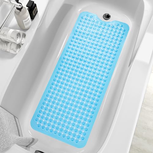 MOONFLY Shower and Bathtub Mat,40x16 Inches,Extra Long Non Slip Mats with Suction Cups and Drain Holes, Machine Washable and Anti Slip Bathmats, Bathroom Mats for Tub Nonslip (Clear Blue) - color: Clear Blue