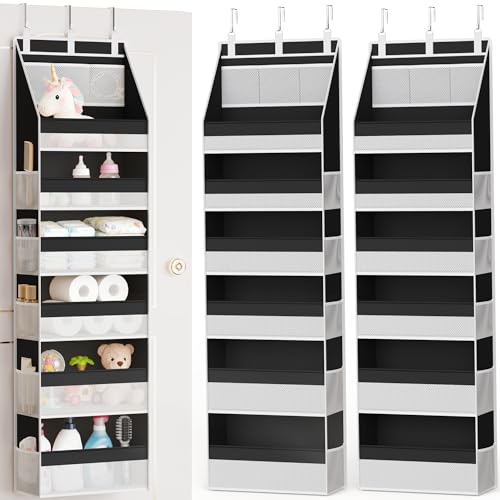 2 Pack Over the Door Organizer, Heavy-Duty 6-Shelf Hanging Storage with 13 Mesh Pockets, 55lbs Capacity Behind the Door Storage for Nursery, Bathroom, Bedroom, and Dorm, Black - color: Black, size: 2 PACK