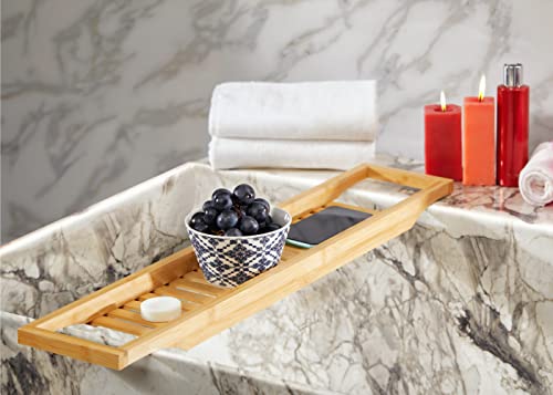 RoyalHouse Bamboo Bath Caddy Tray for Bathtub, Bath Table Tray with Book and Wine Glass Holder, Attractive Design, Suitable for Luxury Spa or Reading, Ideal Gift for Family & Friends - size: 29" x 6" x 1.5"