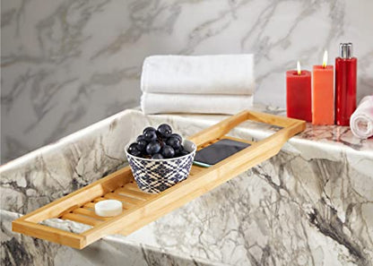 RoyalHouse Bamboo Bath Caddy Tray for Bathtub, Bath Table Tray with Book and Wine Glass Holder, Attractive Design, Suitable for Luxury Spa or Reading, Ideal Gift for Family & Friends - size: 29" x 6" x 1.5"