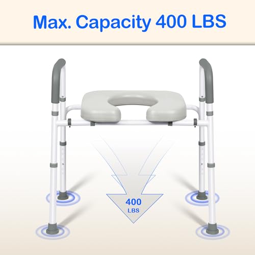Raised Toilet Seat with Handles, Adjustable Width & Height Commode Chair for Toilet with Arms, 400 lbs Toilet Seat Risers for Seniors, Disabled and Pregnant, Fit Any Toliet