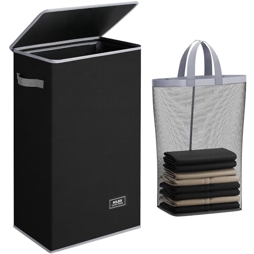SOLEDI Slim Laundry Hamper with Lid, Narrow Laundry Basket with Removable Bags, Dirty Clothes Hamper with handle, Small Hamper perfect for Laundry room, Bathroom, Bedroom, Small spaces. 70L Black - color: Black, size: 70L