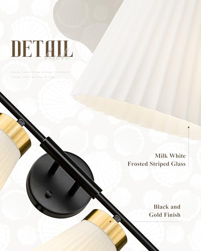 4-Light Bathroom Light Fixture, HWH 32 Inch Vanity Lights Over Mirror, Modern Sconce Wall Lighting with Frosted Milk White Striped Glass, Black and Gold Finish, 5HZG97B-4W BK+BG - color: Black and Gold, size: 4-Light