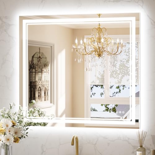 Keonjinn 40” x 36” LED Bathroom Mirror with Lights, Frontlit and Backlit | HD Tempered Glass, Separately Frontlit/Backlit, Double Light Strips, Stepless 3 Colors Temperature & Dimmable, Fast Anti fog - size: 36"L x 40"W