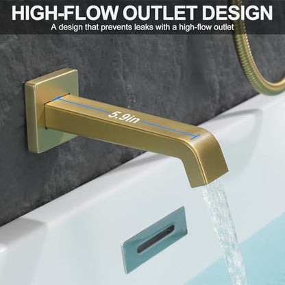 Bathtub Shower Faucet Set with Pressure Balance Valve, 12" Ceiling Mount Shower System with Tub Spout Multi-function Handheld Head Push Button Diverter Shower Trim Kit, Brushed Gold - color: Brushed Gold, style: 12"-Square-Tub-01