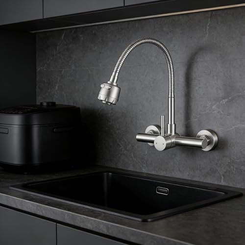 Wall Mount Kitchen Sink Faucet 8 Inch Center with Flexible Sprayer,Stainless Steel Mixer Tap with Dual Function Sprayer,Nickel Brushed Unility Sink Faucet - color: C Style, Nickel Brushed