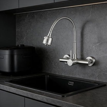 Wall Mount Kitchen Sink Faucet 8 Inch Center with Flexible Sprayer,Stainless Steel Mixer Tap with Dual Function Sprayer,Nickel Brushed Unility Sink Faucet - color: C Style, Nickel Brushed