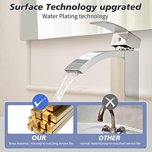 Chrome Vessel Sink Faucet, Waterfall Bathroom Faucets | Brass, Tall Spout, Single Handle 1 Hole Bathroom Faucet, Modern Basin Taps with Supply Line, Pop Up Drain, Without Overflow - color: Chrome, size: Tall