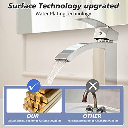 Chrome Vessel Sink Faucet, Waterfall Bathroom Faucets | Brass, Tall Spout, Single Handle 1 Hole Bathroom Faucet, Modern Basin Taps with Supply Line, Pop Up Drain, Without Overflow - color: Chrome, size: Tall